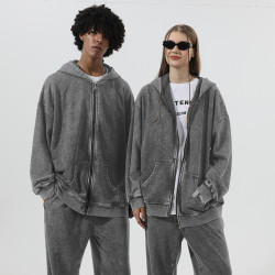 350克歐碼美式復古洗水做舊拉鍊連帽衛衣潮款開衫外套 oversize