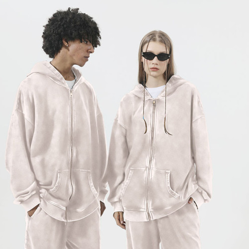 350克歐碼美式復古洗水做舊拉鍊連帽衛衣潮款開衫外套 oversize