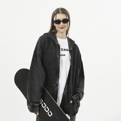 350克歐碼美式復古洗水做舊拉鍊連帽衛衣潮款開衫外套 oversize