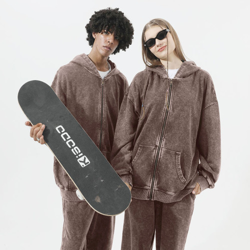 350克歐碼美式復古洗水做舊拉鍊連帽衛衣潮款開衫外套 oversize