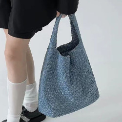 牛仔布手工編織水桶包包女2024新款夏季復古托特包手提單肩斜後背包