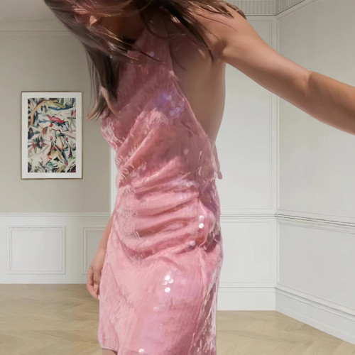 辣妹性感珠片掛脖連衣裙女2024秋季新款甜美無袖露背粉色圓領短裙