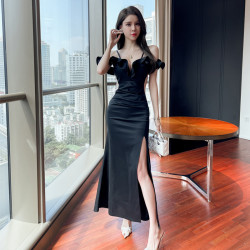 L096女裝東南亞性感低胸一字肩抹胸包臀開叉連衣裙女
