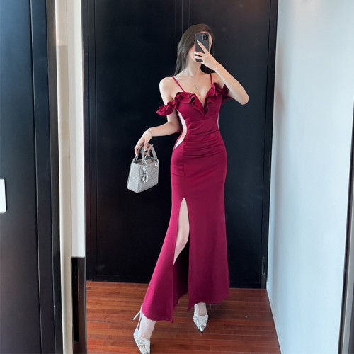 L096女裝東南亞性感低胸一字肩抹胸包臀開叉連衣裙女