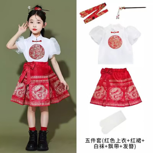 兒童風唐裝漢服馬面裙啦啦隊小學生運動會服裝古裝套裝男女童