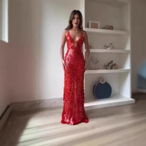 2024歐美新時尚性感網紅不規則亮片掛脖v領禮服女款長裙