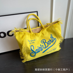 2024新款包包歐美沙灘大容量單肩通勤包手工流蘇牛仔印花托特包包