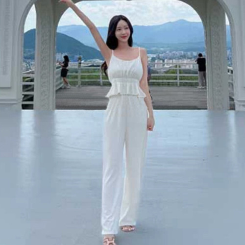 韓國東大門溫柔女人味褶皺性感收腰吊帶背心+顯瘦休閒長褲套裝潮