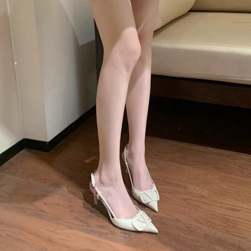 羊皮版~法式V家細跟包頭涼鞋女夏季新款真皮裸色後空尖頭高跟單鞋