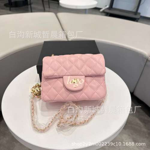 小香風單肩斜背鏈條包高質感菱格金球時尚百搭小方包爆款