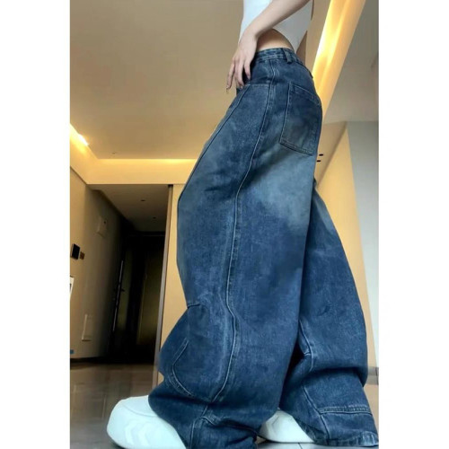 設計感廓形彎刀香蕉水洗做舊牛仔褲女秋冬拼接寬松濶腿拖地長褲子