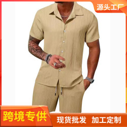 2025歐美 夏季男式休閒襯衫短袖沙灘褲套裝