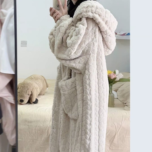 可愛小倉鼠睡衣女秋冬季珊瑚絨加厚長款法蘭絨學生連帽冬季睡袍女