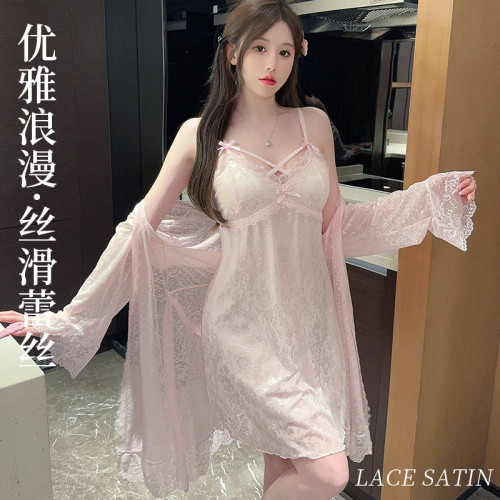 舒貝妮新款深V提花拼接蕾絲加胸墊性感吊帶睡裙外袍家居服套裝
