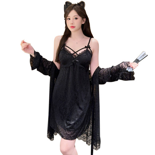 舒貝妮新款深V提花拼接蕾絲加胸墊性感吊帶睡裙外袍家居服套裝