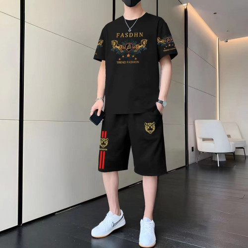 夏季新款個性潮男國風兩件套痞帥時尚潮流短袖短褲休閒運動套裝
