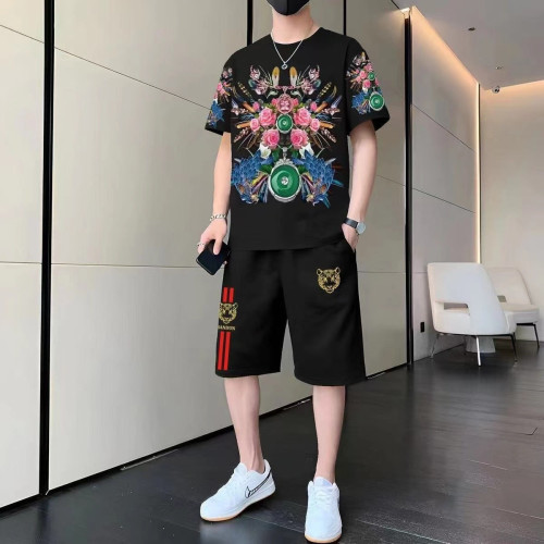 夏季新款個性潮男國風兩件套痞帥時尚潮流短袖短褲休閒運動套裝
