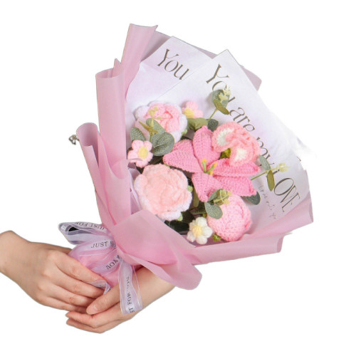 百合花成品一束手工毛線編織玫瑰仿真永生花教師節畢業針織花