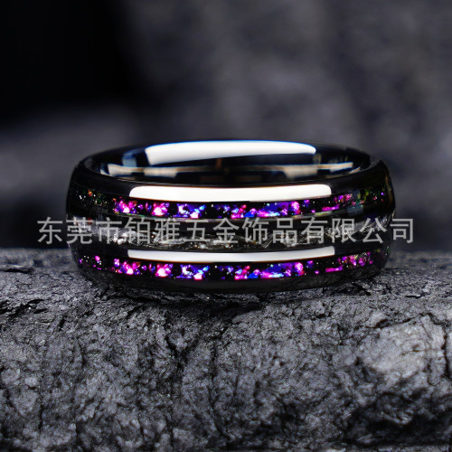 新品時尚8MM電鍍槍黑鎢鋼戒指兩邊銀河中間鐵屑情侶禮物