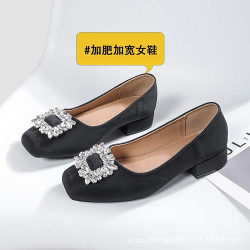 1206-3寬胖腳法式氣質粗跟低跟水鑽方頭單鞋女新款秋款大碼女鞋