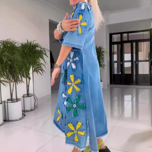 連衣裙女寬松休閒圓領裙子中長款大碼套頭短袖裙歐美中長裙潮