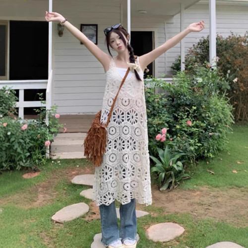 復古鉤花鏤空背心裙女夏季2025新款設計感V領曡穿寬松針織連衣裙