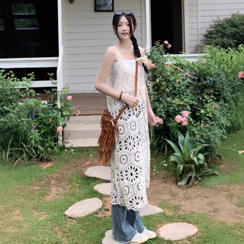復古鉤花鏤空背心裙女夏季2025新款設計感V領曡穿寬松針織連衣裙