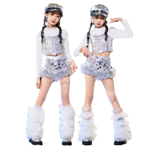 嘻哈亮皮街舞褲時髦女童爵士舞服裝女孩套裝少兒模特走秀元旦演出