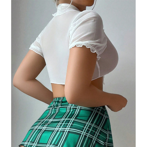 歐美性感情趣內衣激情誘惑製服上衣格子短裙丁字褲三件套