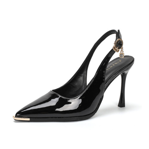 黑色漆皮後空金屬頭防踢碰細跟淺口尖頭不掉跟氣質百搭通勤單鞋女