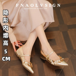 復古設計感花朵瑪麗珍鞋女2025春季新款溫柔晚晚風尖頭內增高單鞋