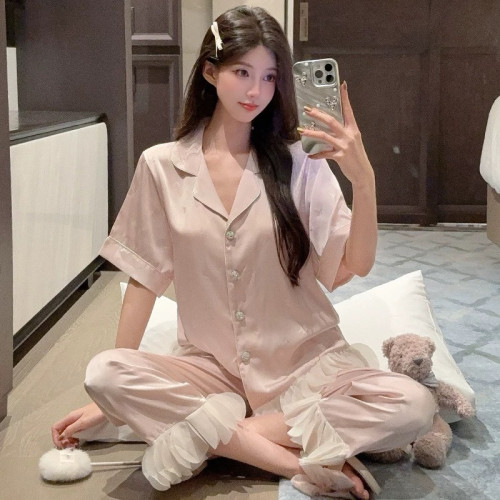 新款睡衣秋季冰絲法式甜美公主風印花長袖長褲套裝家居服可外穿女