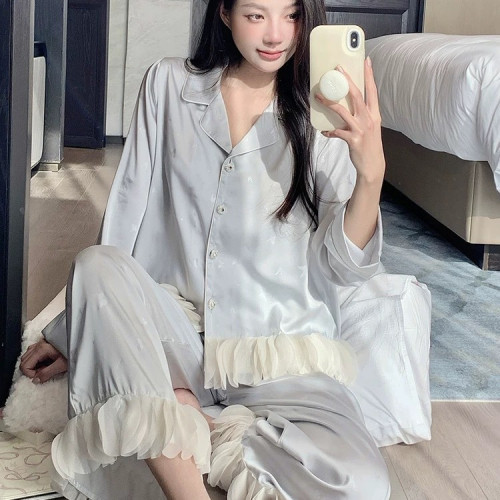 新款睡衣秋季冰絲法式甜美公主風印花長袖長褲套裝家居服可外穿女