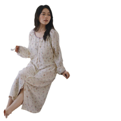 2025春夏薄款帶胸墊純棉雙層紗布待産睡裙睡褲産後哺乳喂奶月子服