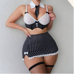 歐美性感條紋蝴蝶結超短裙製服誘惑純欲情趣內衣套裝