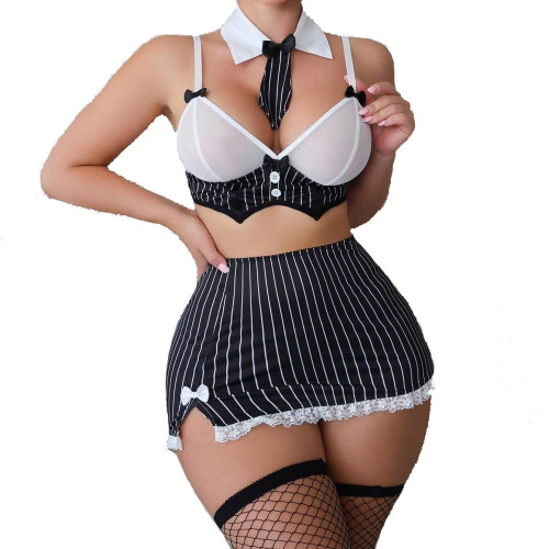 歐美性感條紋蝴蝶結超短裙製服誘惑純欲情趣內衣套裝