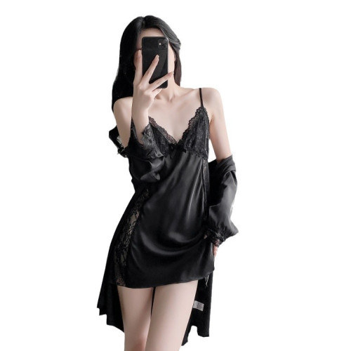 法式性感冰絲睡衣女蕾絲真絲吊帶睡裙睡袍兩件套露腰高級感家居服