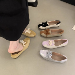 銀色單鞋女春秋新款復古仙女風休閒系帶德迅一腳蹬軟皮平底豆豆鞋