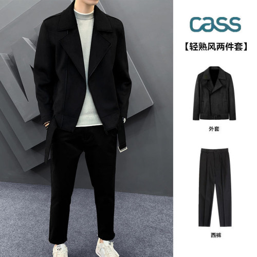 CASS春秋季麂皮絨翻領夾克男士三件套韓版潮流輕熟風套裝機車外套