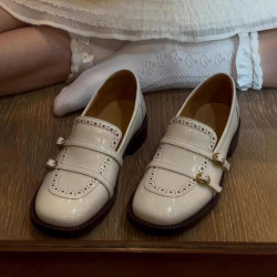 2025春季復古雕花圓頭樂福鞋女皮帶釦英倫風小皮鞋真皮一腳蹬單鞋
