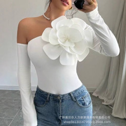 歐美女裝新款誇張立體花朵裝飾長袖露肩緊身上衣LZR19069優雅