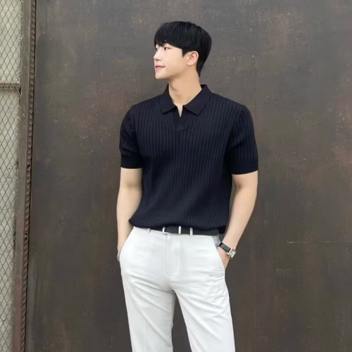 夏季新款輕熟POLO衫男韓版修身翻領純色休閒針織t恤