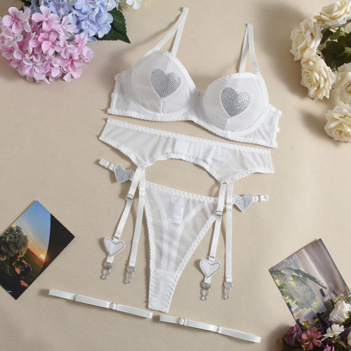 lingerie 俄羅斯情趣內衣網紗三點式性感心形水鑽三件套
