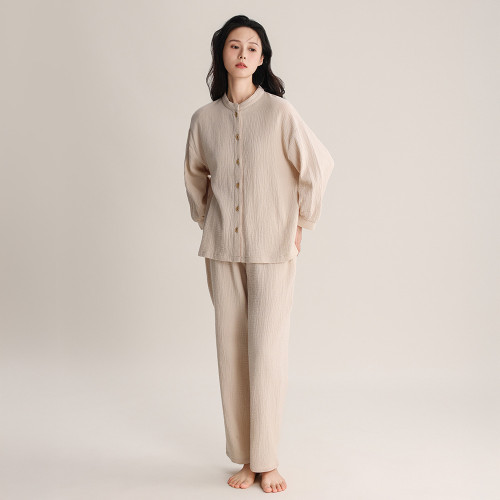 春夏款睡衣女雙層縐布全棉無印風簡約日系小立領可外穿家居服套裝