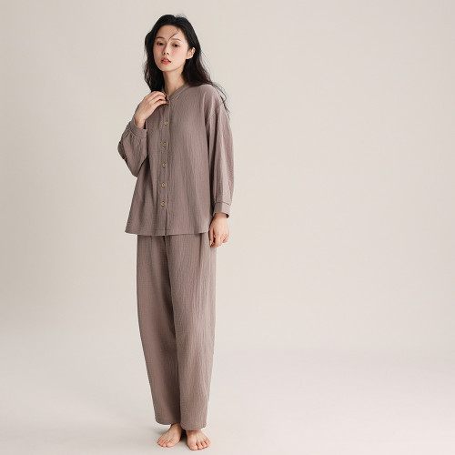 春夏款睡衣女雙層縐布全棉無印風簡約日系小立領可外穿家居服套裝