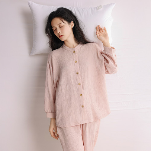春夏款睡衣女雙層縐布全棉無印風簡約日系小立領可外穿家居服套裝