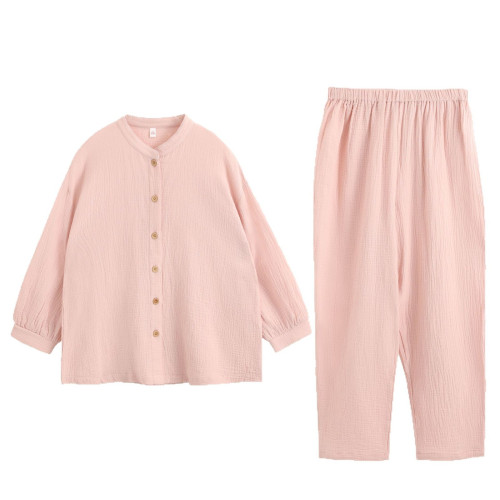 春夏款睡衣女雙層縐布全棉無印風簡約日系小立領可外穿家居服套裝