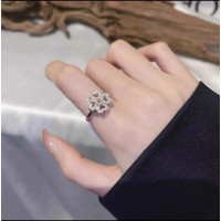 S925純銀旋轉四葉草戒指女靈動滿鑽花朵開口戒指日韓簡約手飾
