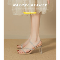 踩屎感~涼鞋2024真皮水鑽高跟拖鞋女高跟粗跟透明跟涼鞋-9鑽石帶