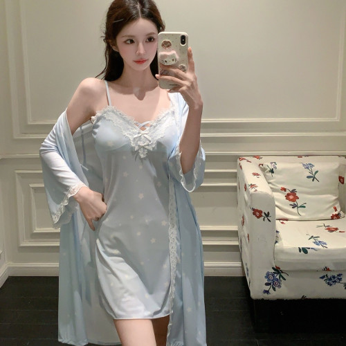 春夏季日系甜美吊帶睡袍女士性感薄款吊帶冰絲睡裙純欲風睡袍長袖